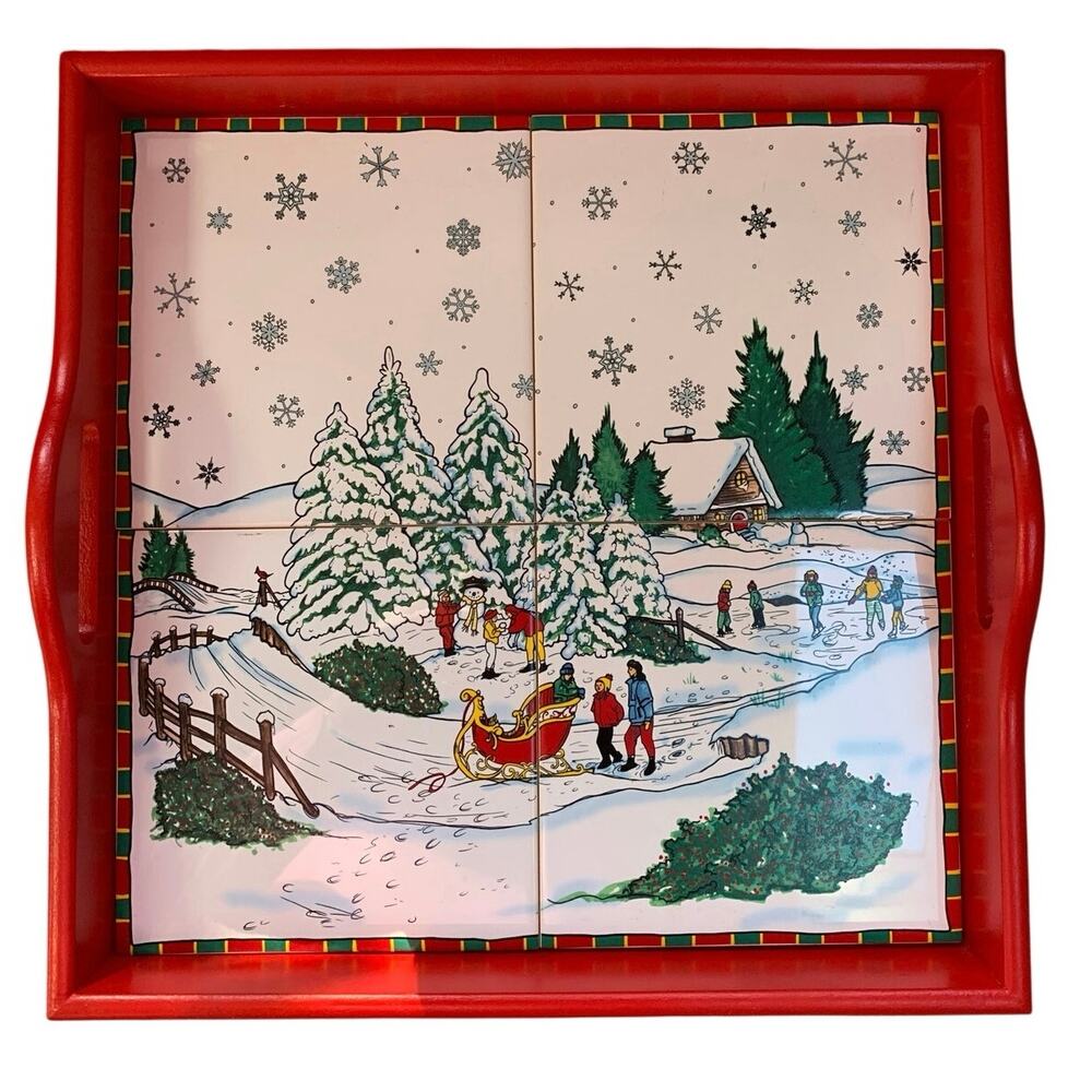 Wood and Tile Christmas Serving Tray 13 inches Square New in Box